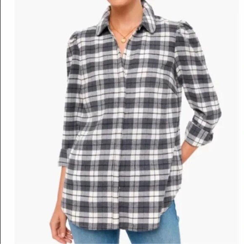 Tuckernuck Saranac Plaid Puff Shoulder Button Up Shirt Womens XS Gray Minimalist
